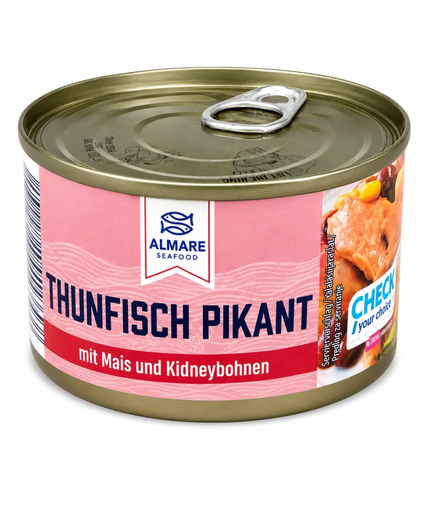 Almare Seafood Tuňák v pikantní omáčce s kukuřicí a červenými fazolemi 185 g