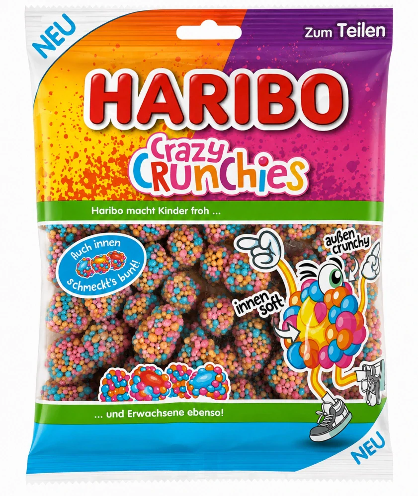 HARIBO Crazy Crunchies Želé s cukrovými perličkami, s příchutí třešně, citronu a coly 160 g