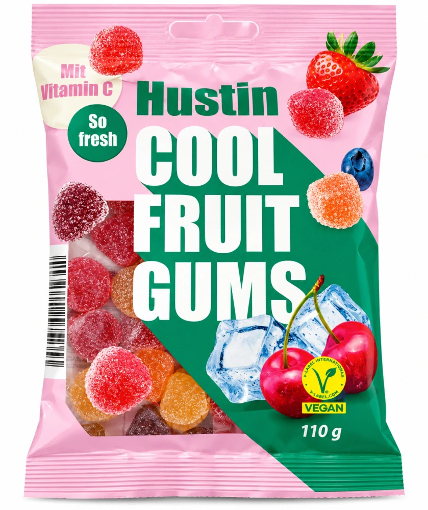 Hustin COOL FRUIT GUMS Osvěžující gumové bonbony s mentholem a vitamínem C 110 g