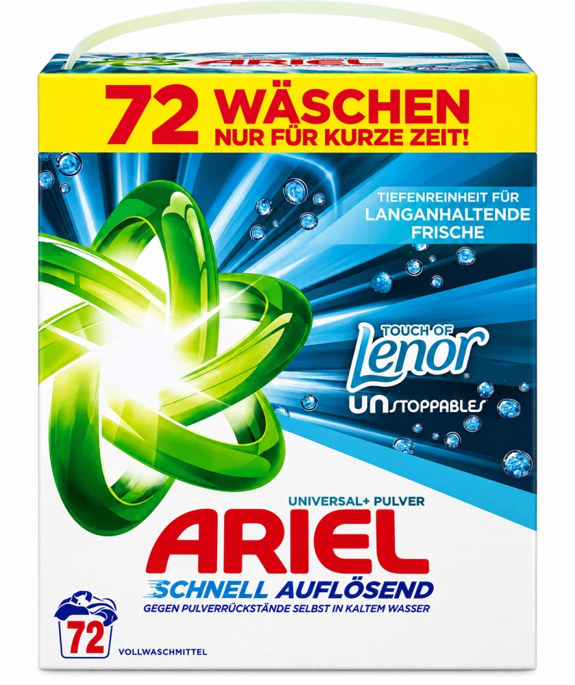 ARIEL Universal+ Pulver Schnell Auflösend Touch of Lenor Unstoppables (72 pracích dávek) 3960 g
