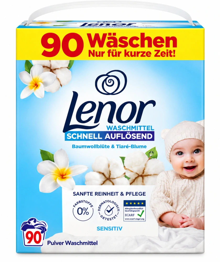 Lenor Waschmittel Sensitiv Schnell Auflösend Baumwollblüte & Tiaré-Blume (90 pracích dávek) 4950 g