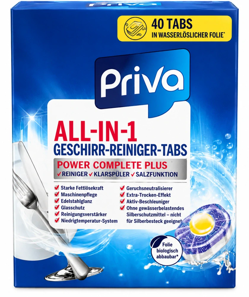 Priva ALL-IN-1 Geschirr-Reiniger-Tabs POWER COMPLETE PLUS (40 ks / 840 g)