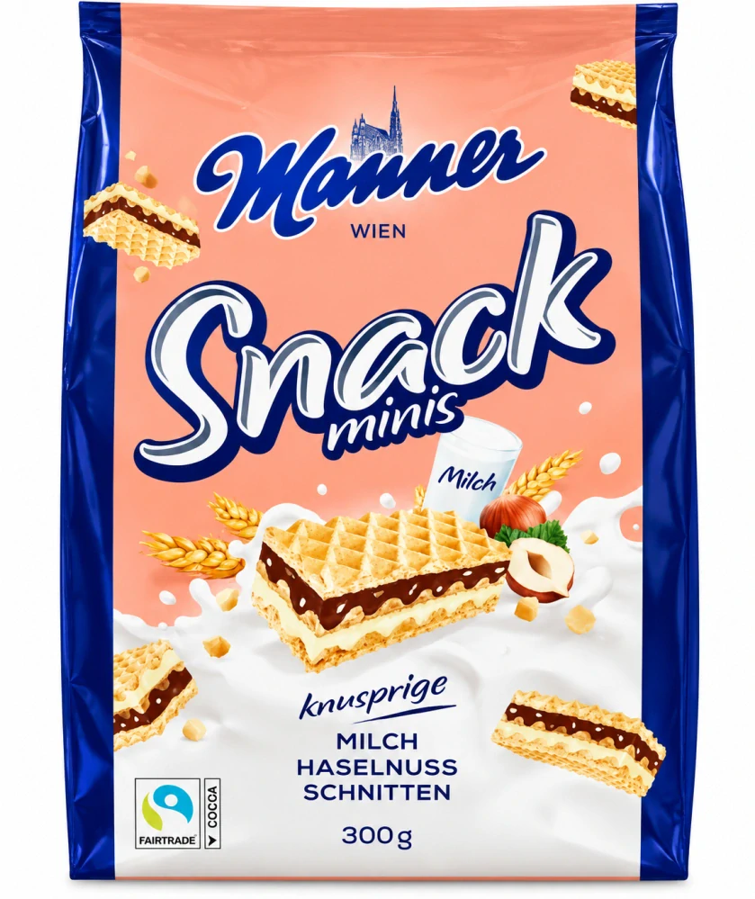 Manner Snack Minis křupavé oplatky plněné lískooříškovým a mléčným krémem 300 g