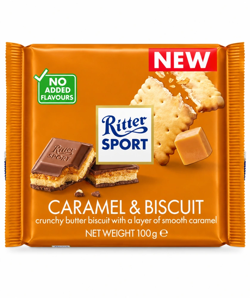 Ritter Sport Caramel & Biscuit – plněná mléčná čokoláda s karamelovou náplní a sušenkou 100 g