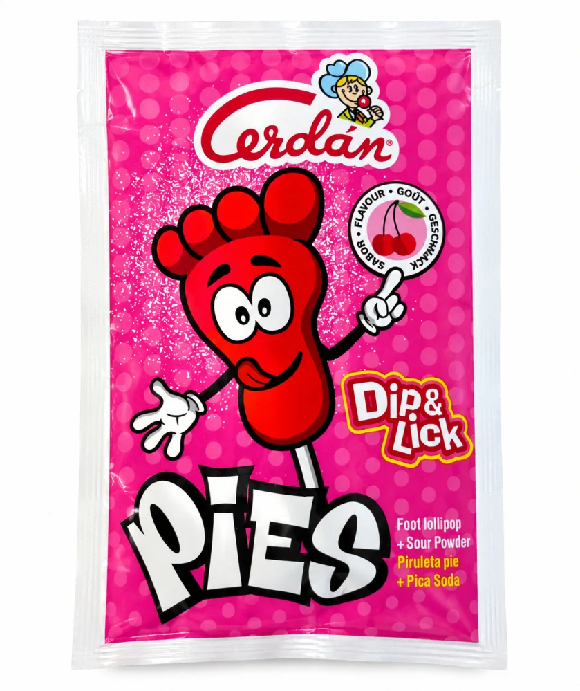 Cerdán Pies Dip & Lick Cherry – Lízátko s práskacím práškem s třešňovou příchutí 20 g