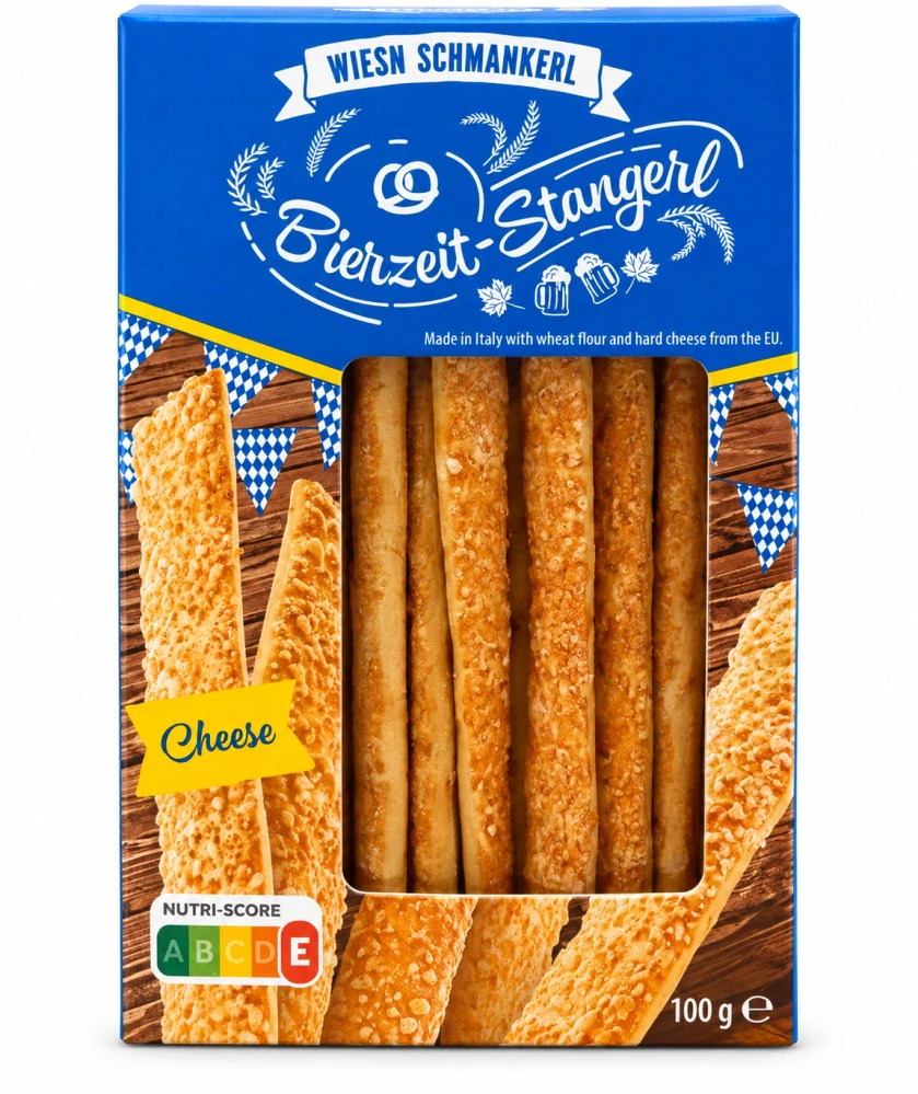 Wiesn Schmankerl Bierzeit-Stangerl – Křupavé pekařské tyčinky se sýrem (100 g)
