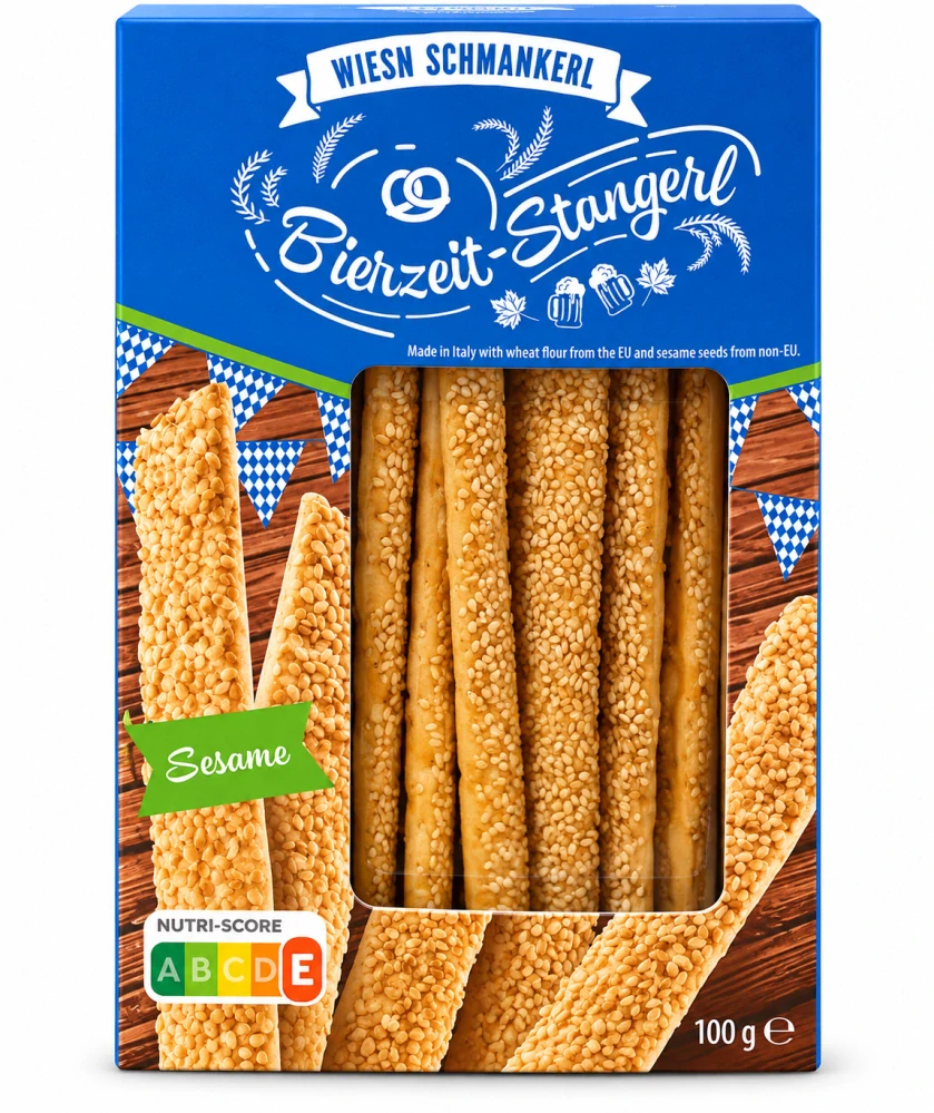 Wiesn Schmankerl Bierzeit-Stangerl – Křupavé pekařské tyčinky se sezamem (100 g)