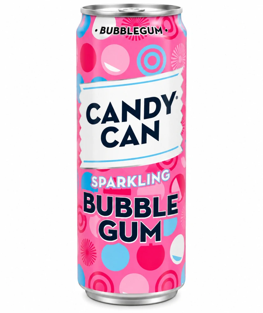 Candy Can - Osvěžující sycený nealkoholický nápoj s příchutí žvýkačky, s cukrem a sladidly 330ml