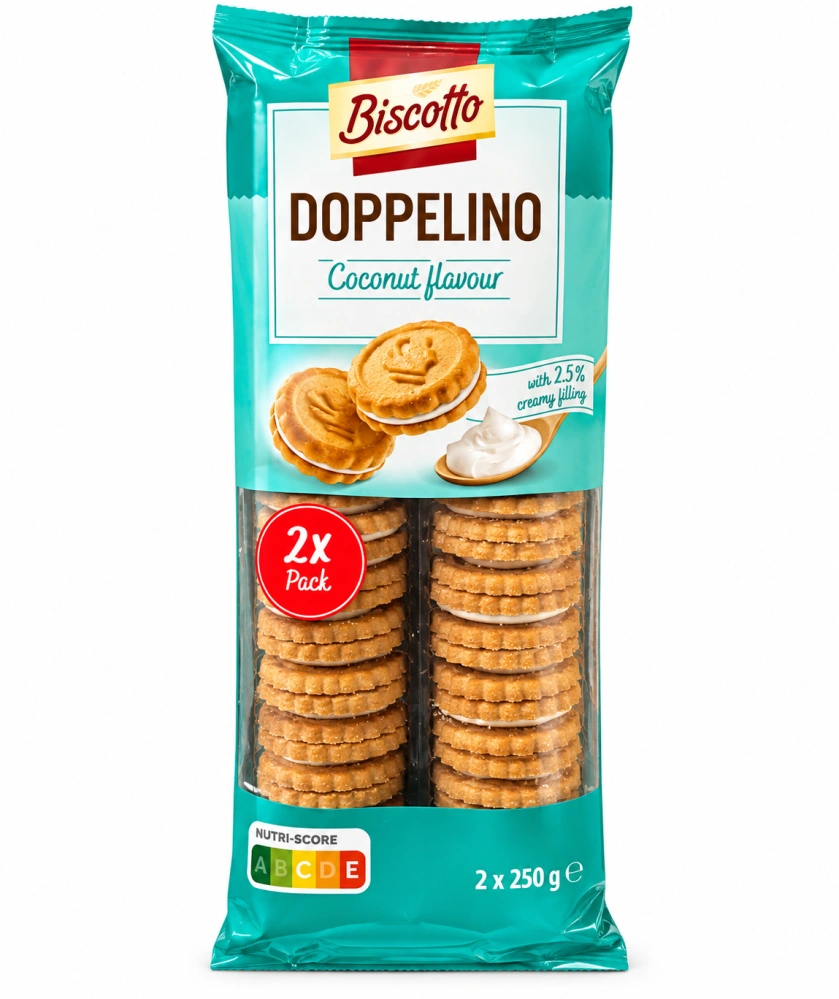 Biscotto Doppelino – Křupavé sušenky s kokosovou příchutí 500 g (2 x 250 g)