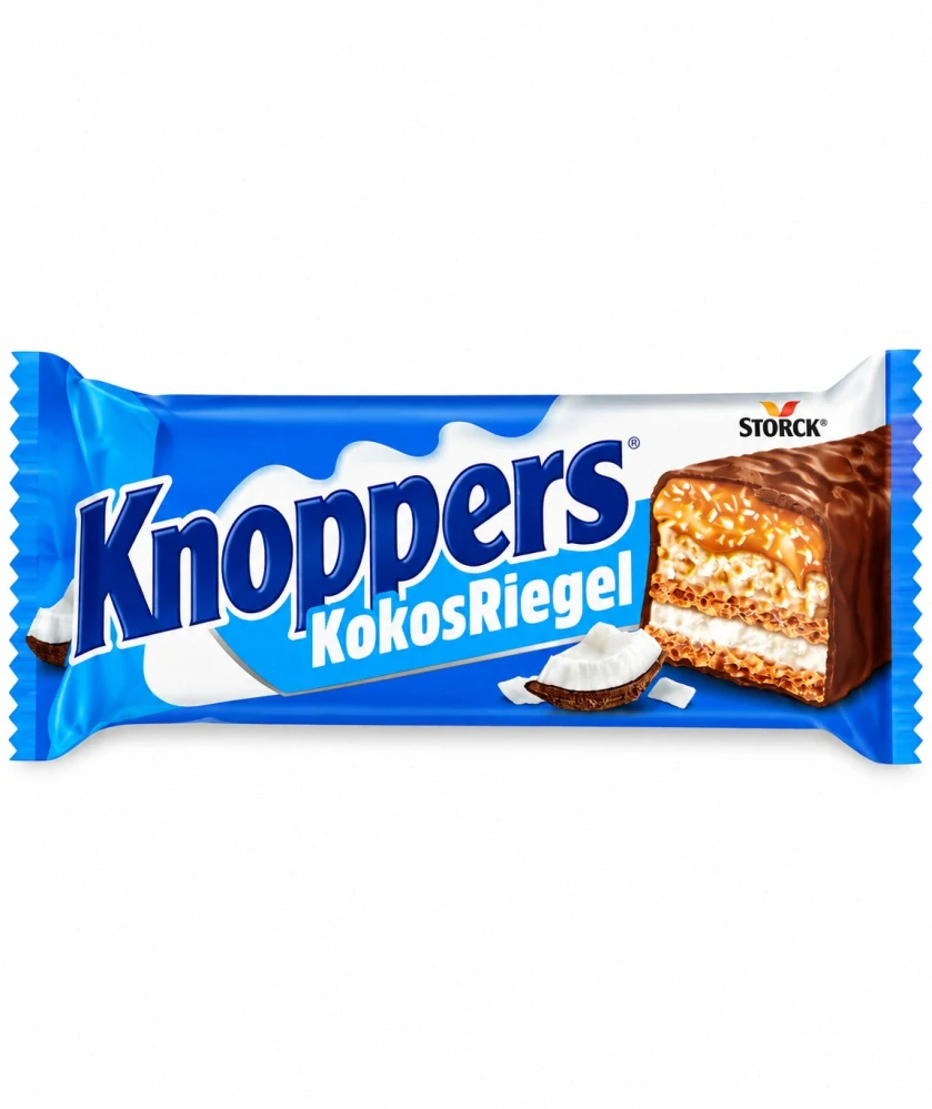 Knoppers Kokosová tyčinka – Oplatková tyčinka s kokosovým krémem a karamelem v mléčné čokoládě 40 g