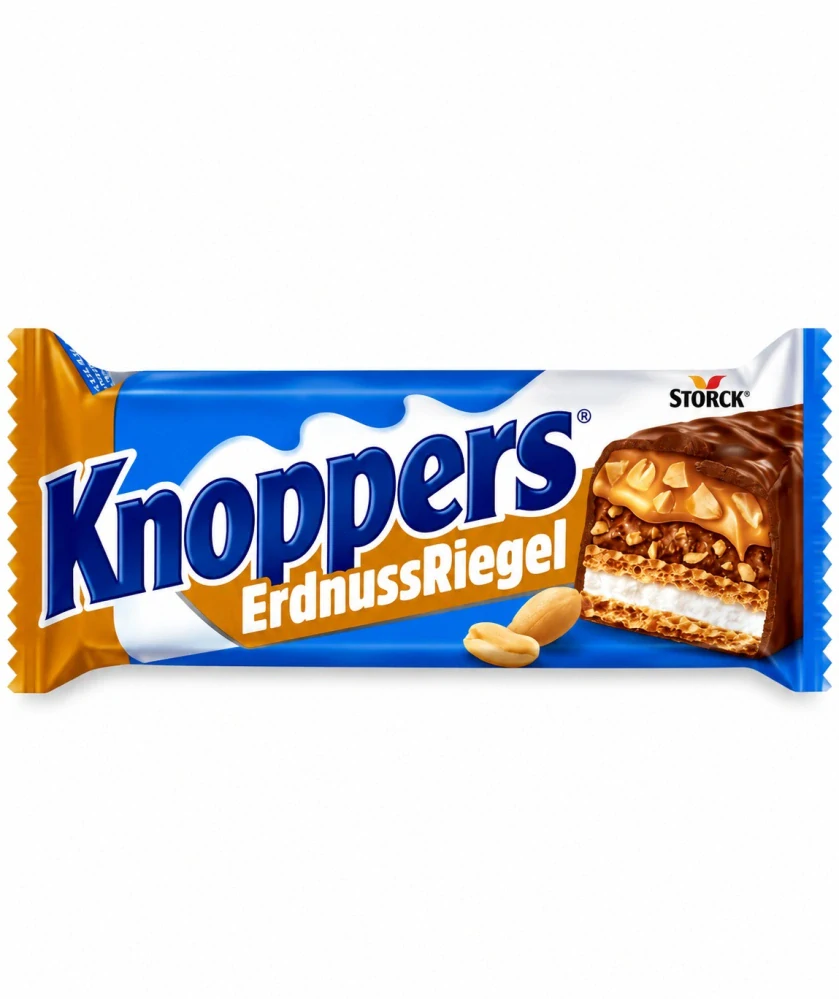 Knoppers Arašídová tyčinka – Oplatková tyčinka s mléčným a arašídovým krémem, slanými arašídy a karamelem v mléčné čokoládě 40 g