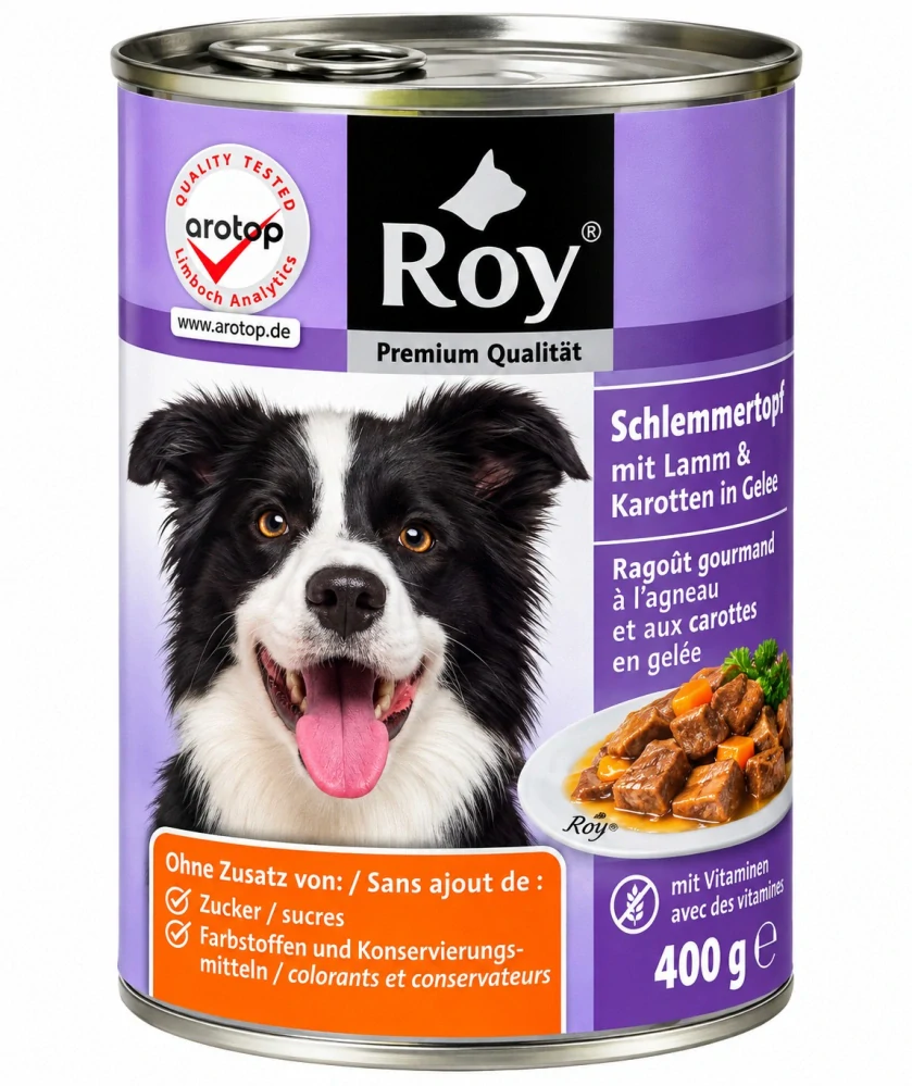Roy Kompletní krmivo pro dospělé psy 400g – Šťavnaté kousky s jehněčím, krůtím masem, mrkví a těstovinami v omáčce