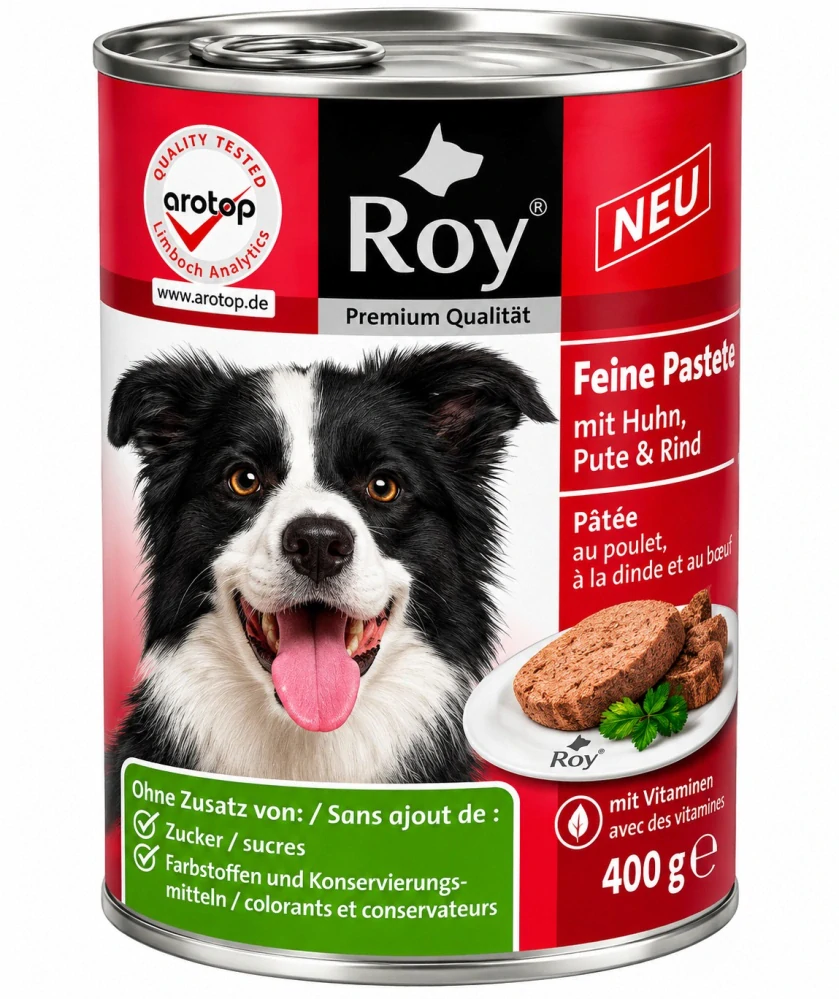 Roy Kompletní krmivo pro dospělé psy – Jemná paštika s kuřecím, krůtím a hovězím masem 400 g
