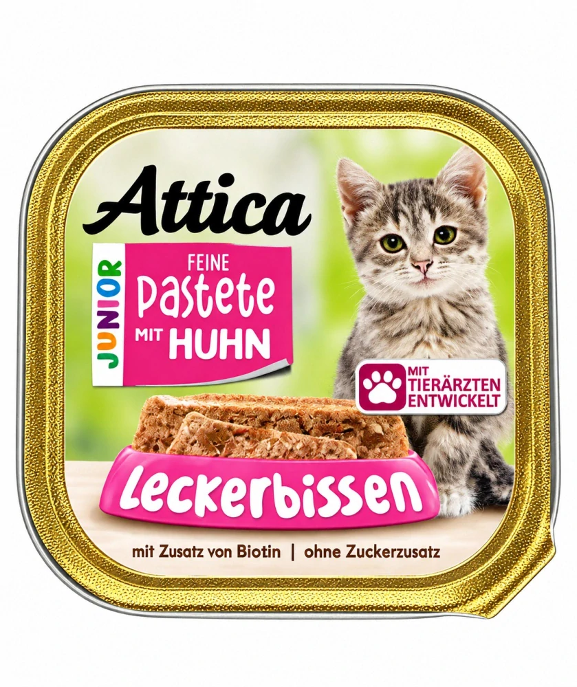 Attica Junior Kompletní krmivo pro dospívající koťata – Jemná paštika s kuřecím masem 100 g