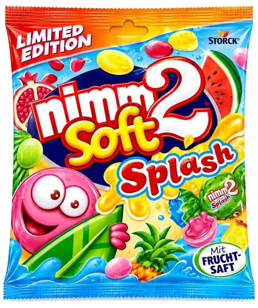 nimm2 Soft Splash Plněné žvýkací bonbóny s ovocnou šťávou a vitamíny 240 g