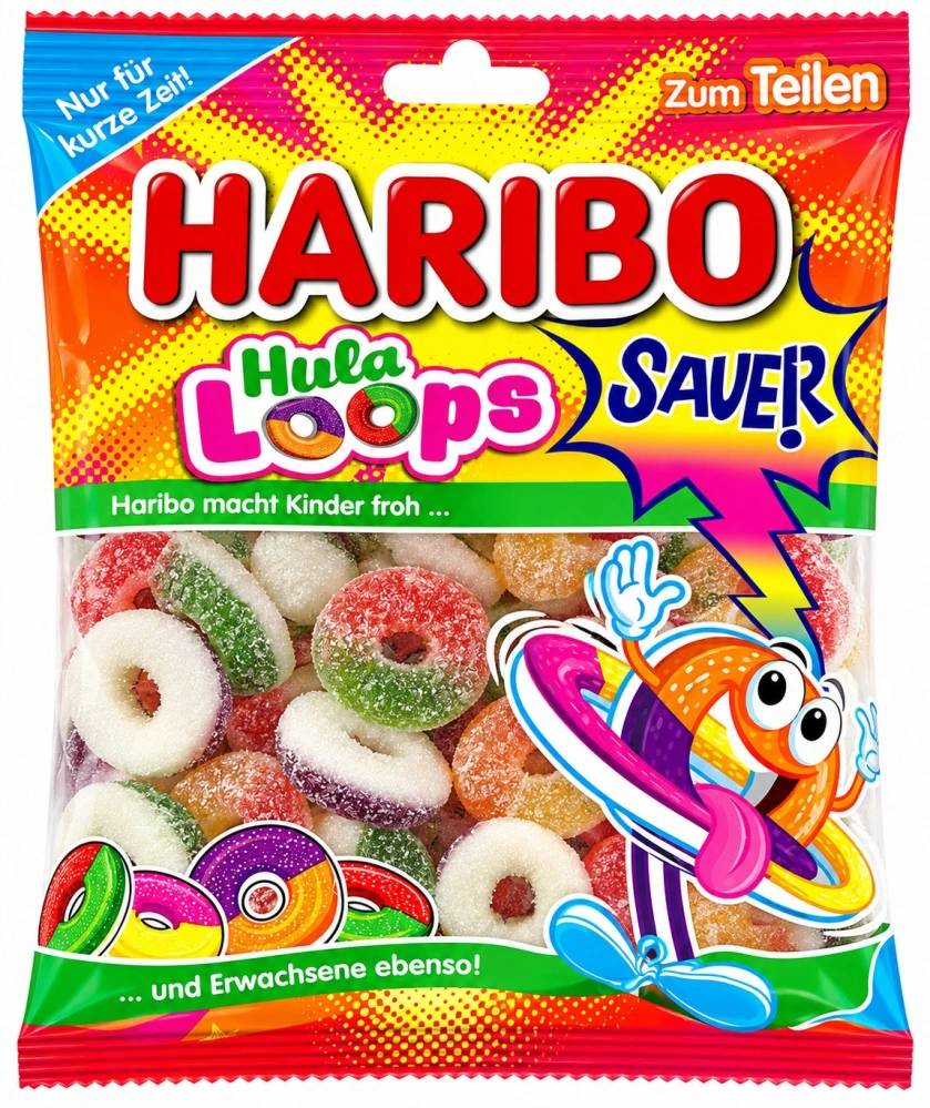 HARIBO Hula Loops Sauer - Kyselé ovocné želé s pěnovou cukrovinkou 175 g