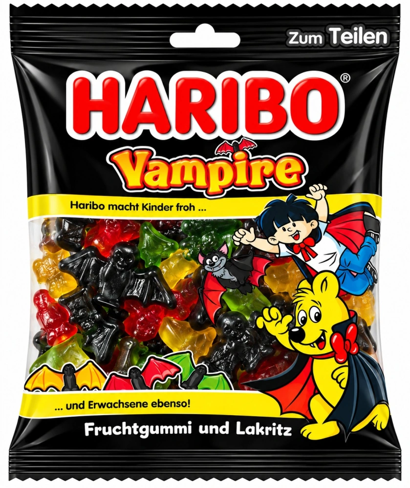 HARIBO Vampire - Ovocné želé a lékořice ve tvaru netopýrů 175 g