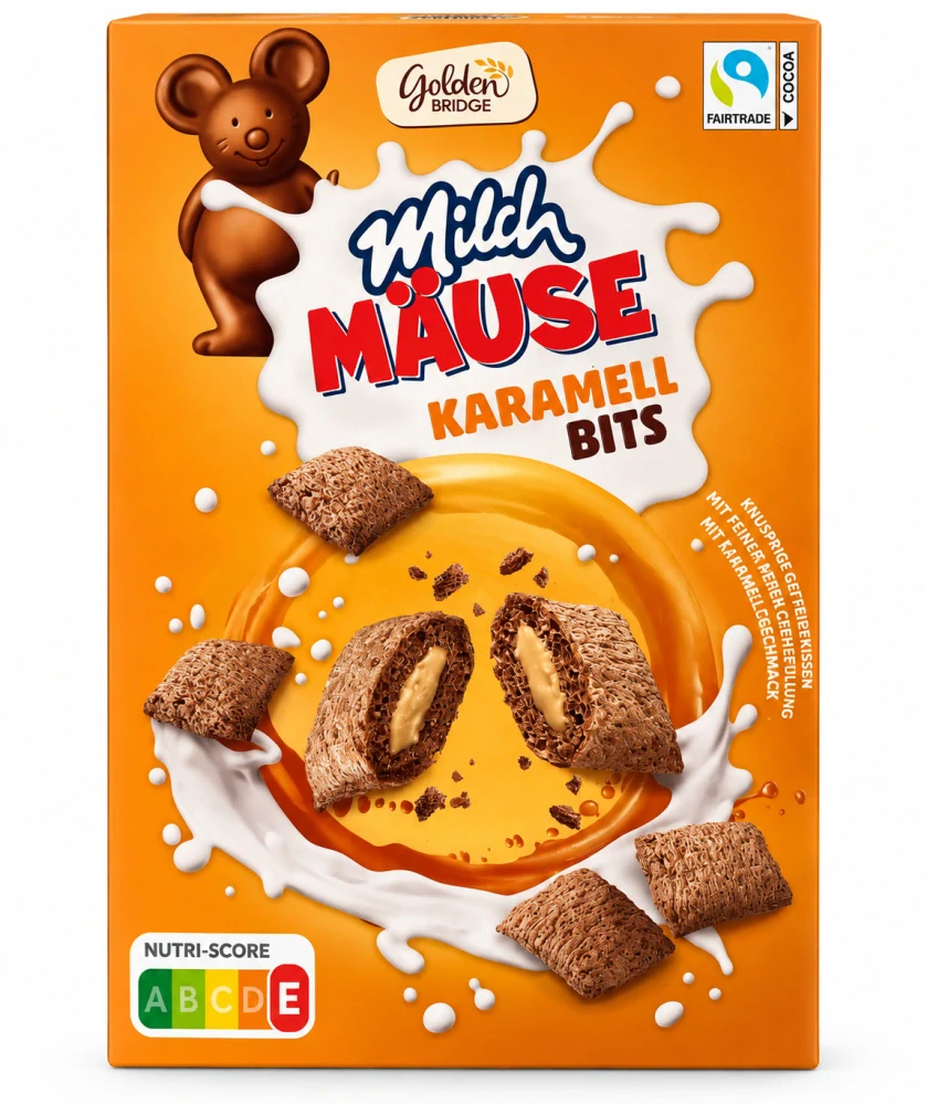 Golden Bridge Milch Mäuse - kakaové cereální polštářky s 50 % mléčnou krémovou náplní s karamelovou příchutí 375 g