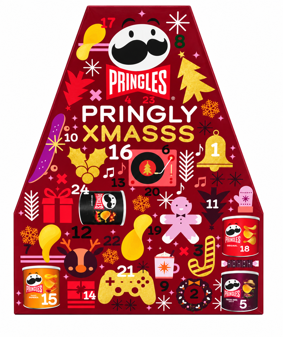 Pringles Pringly Xmasss Adventní kalendář solených bramborových a kukuřičných lupínků (990 g) 70cm