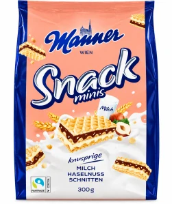 Manner Snack Minis křupavé oplatky plněné lískooříškovým a mléčným krémem 300 g