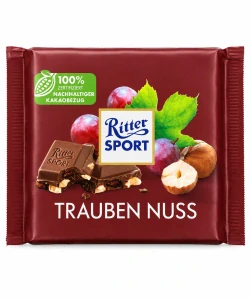 Ritter Sport Trauben Nuss – mléčná čokoláda s rozinkami a kousky lískových ořechů 100 g