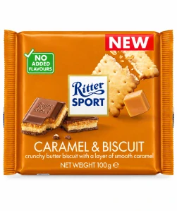 Ritter Sport Caramel & Biscuit – plněná mléčná čokoláda s karamelovou náplní a sušenkou 100 g