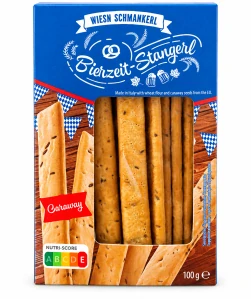 Wiesn Schmankerl Bierzeit-Stangerl – Křupavé pekařské tyčinky s kmínem (100 g)