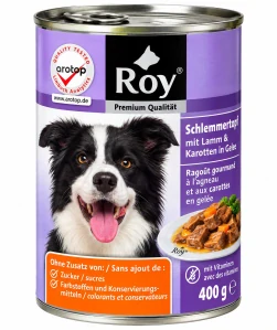 Roy Kompletní krmivo pro dospělé psy 400g – Šťavnaté kousky s jehněčím, krůtím masem, mrkví a těstovinami v omáčce